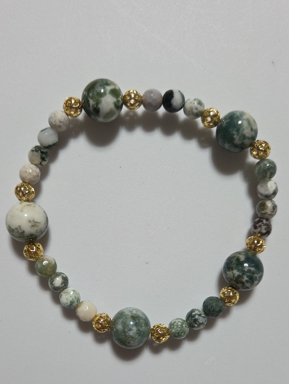 Handmade Tree Agate Stretch Bracelet 14mm 6mm 8" Artisan Gemstone Jewelry